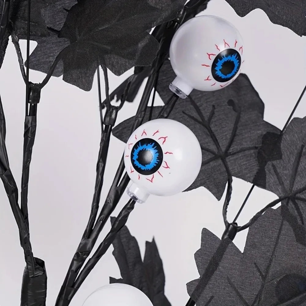 Halloween Eyeball Tree LED Light, Tabletop Tree with Black Leaves for Indoor Halloween Party, Home, and Haunted House Decoration Vue