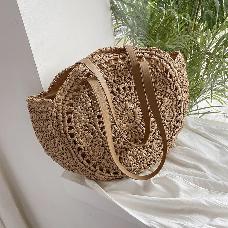 Summer Round Straw Bags for Women Rattan Shoulder Bag Travel Handmade Woven Beach Handbags Female Large Capacity Totes Bag Vue Khaki Hollow 43x2x38cm