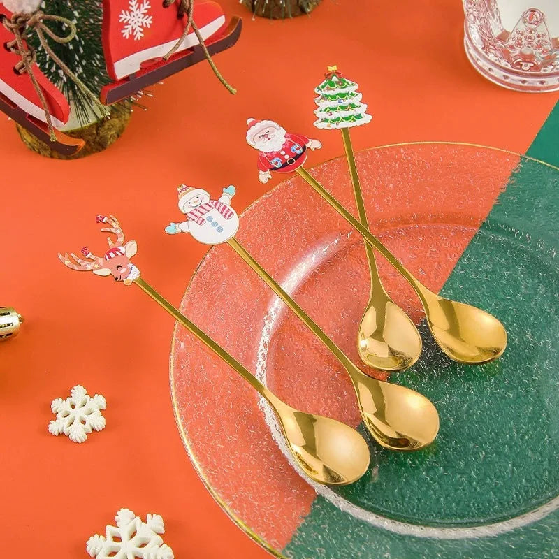 1-10PC Christmas Stainless Steel Cutlery Coffee Stirring Spoon Santa Claus Dessert Spoon Kitchen Utensils Holiday Gift Tableware Vue