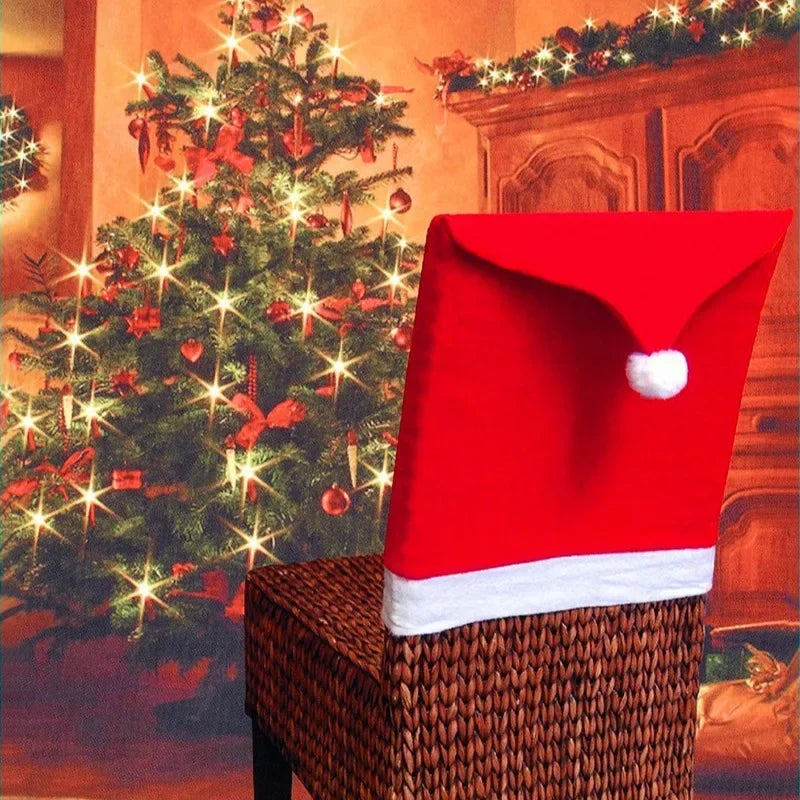 1-20PCS Red Christmas Chair Cover Non Woven Santa Hat Slipcover Washable Reusable for Dining Room Kitchen Holiday Party Decor Vue