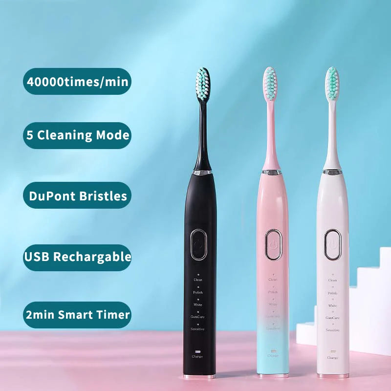 Adults Ultrasonic Electric Sonic Toothbrush Rechargeable 5 Modes Electronic Toothbrush Smart Timer with Replace Heads Travel Box Vue