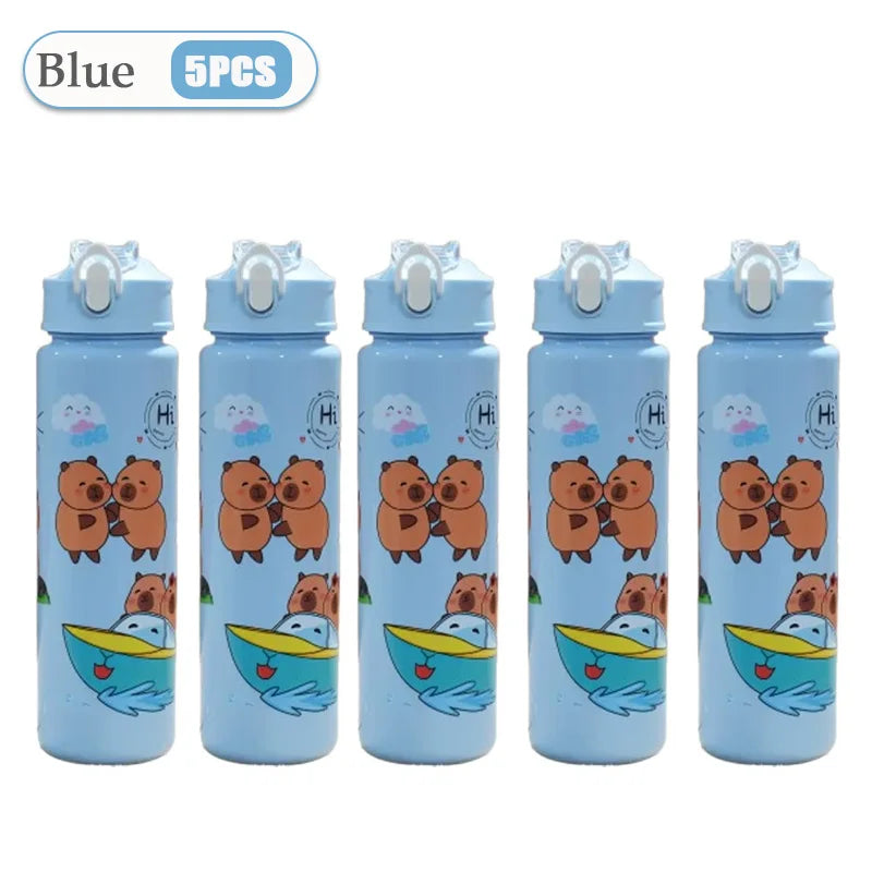 1-10PCS Cartoon Capybara Leak Proof Straw Cup with Braided Handle for Holiday Camping Picnic School Gift Portable Drinkware Vue 601-700ml Blue-5PCS