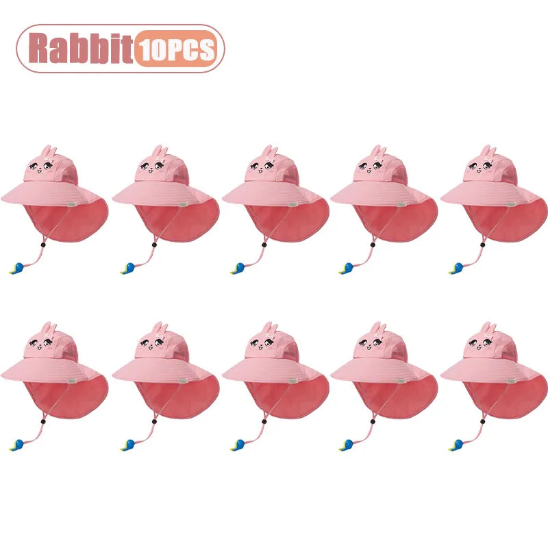 1-10PCS Kids UV Protection Sun Hat Baby Toddler Bucket Hat Wide Brim Breathable Outdoor Cap for Boys Girls Spring Summer Vue Rabbit-10PCS