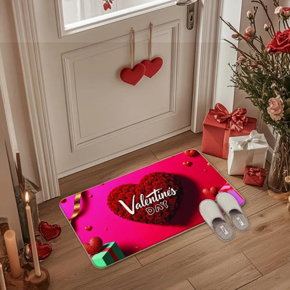 Weaving Texture Valentine Day Floor Mat Soft Beautiful Romantic Heart Anti Slip Mat Red Quick Dry Rose Door Mat Bedroom Vue