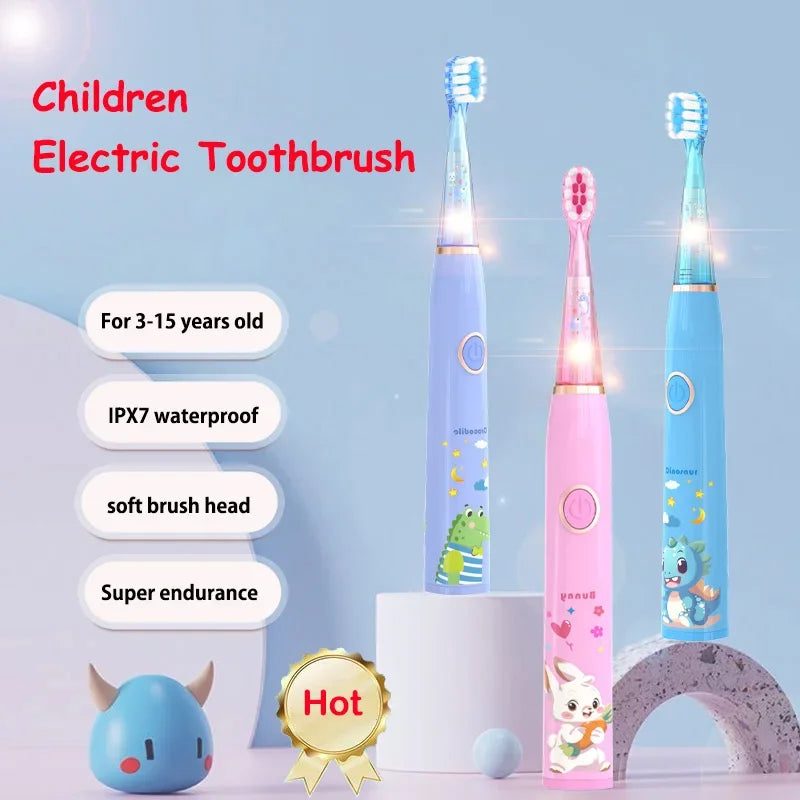 Kids Cartoon Colorful LED Light Sonic Children Electric Toothbrush IPX7 Waterproof 2 mins Smart Timer Rechargeable Toothbrush Vue