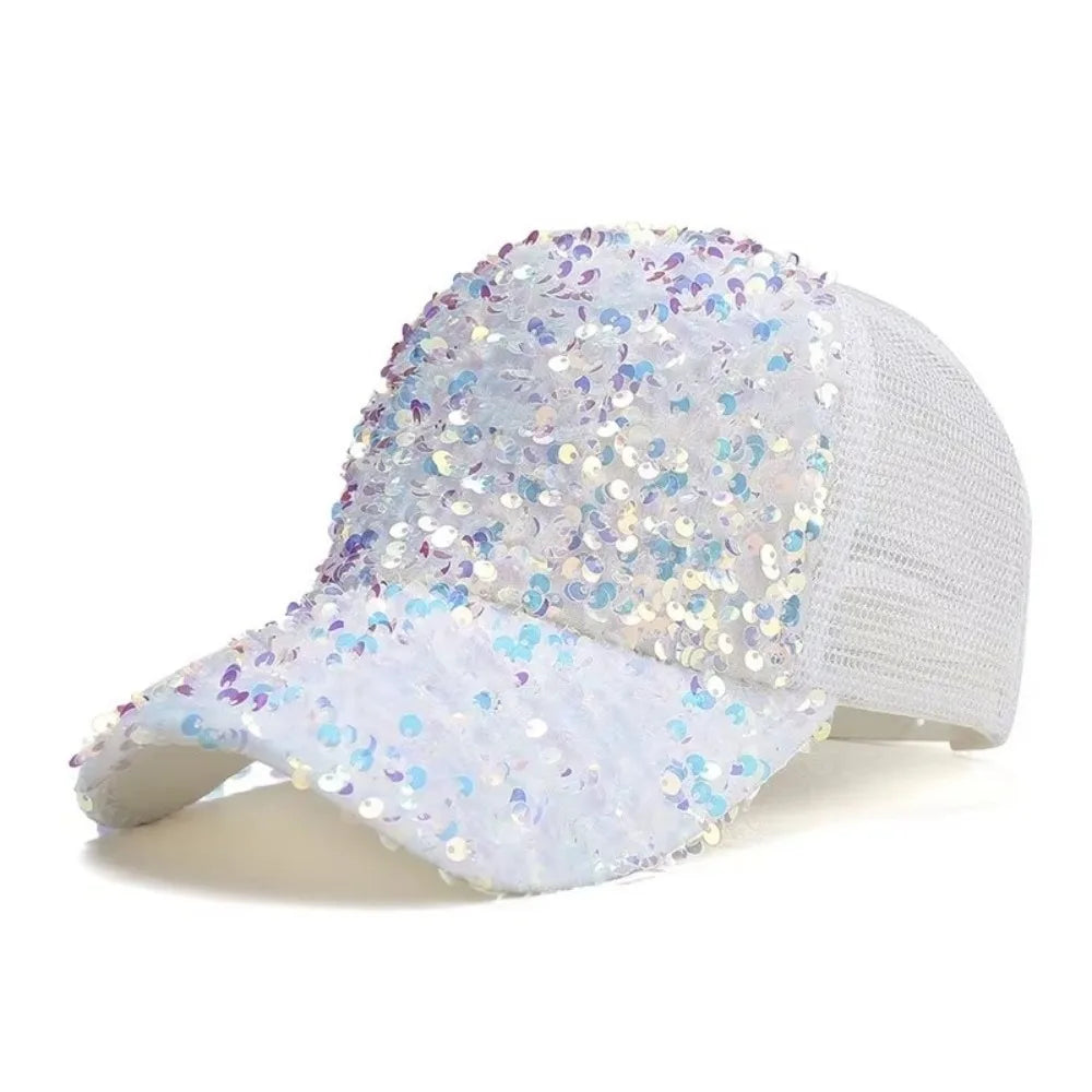 Fashion Breathable Shiny Sequin Baseball Cap Mesh Casual Women Sun Vue White