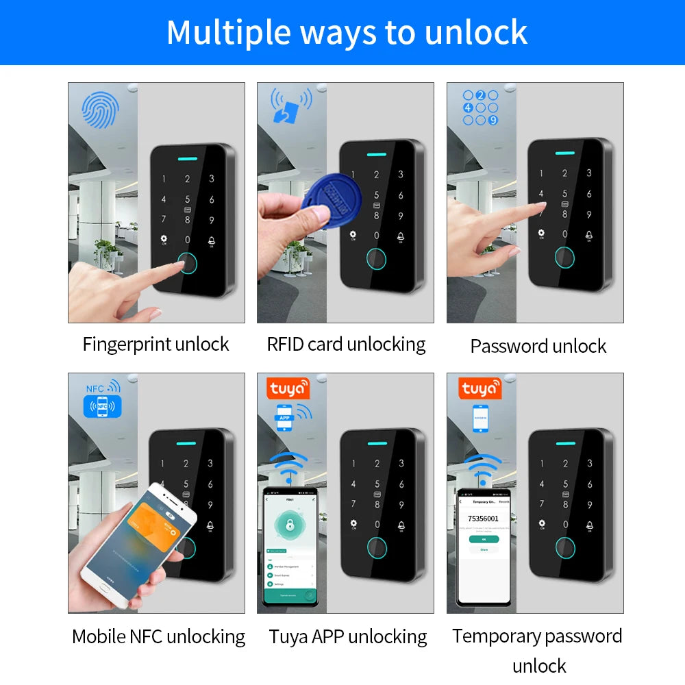 Rainproof support tuya app RFID 125K 13.56mhz NFC Fingerprint Bluetooth Gate Door Opener Work with WIFI Gateway Vue
