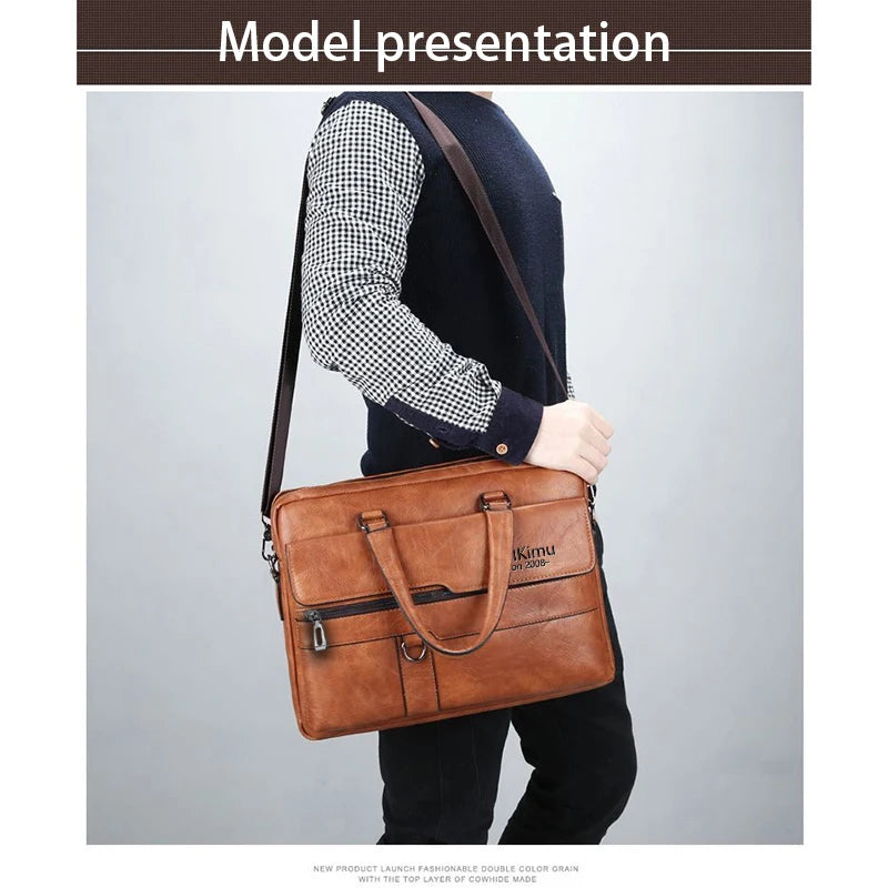 Fashion Vintage Business Handbag Multi-zip Pocket Leather Briefcase