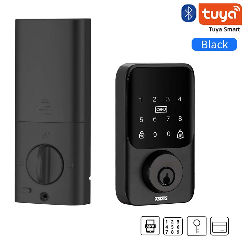 XSDTS Security Digital Door Lock Tuya APP Bluetooth Smart Door Lock with Handle & Keypad for Hotel Office Home Vue DS-P-Black