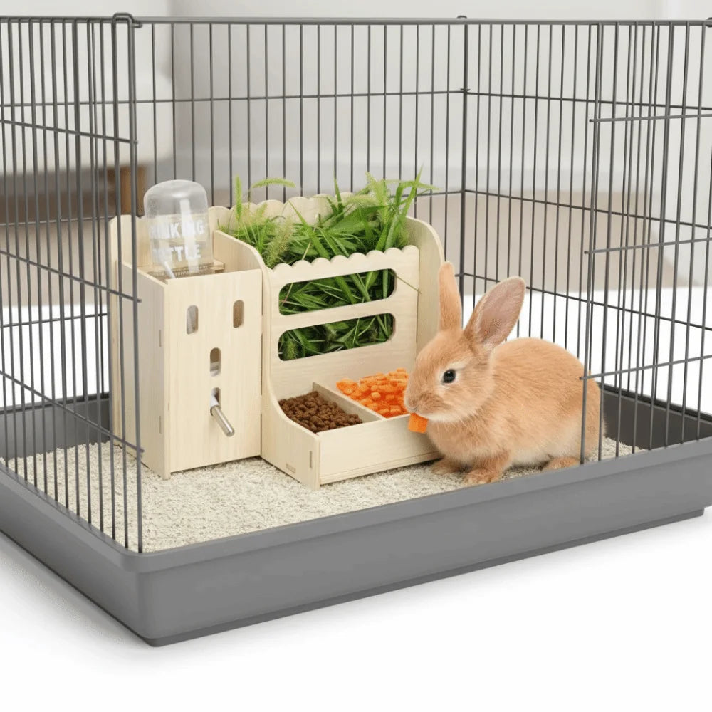 2 in 1 Rabbit Hay Feeder Detachable with Bottle Wooden Grass Dispenser Bite Resistant Guinea Pig Feeder Cage Accessories Vue