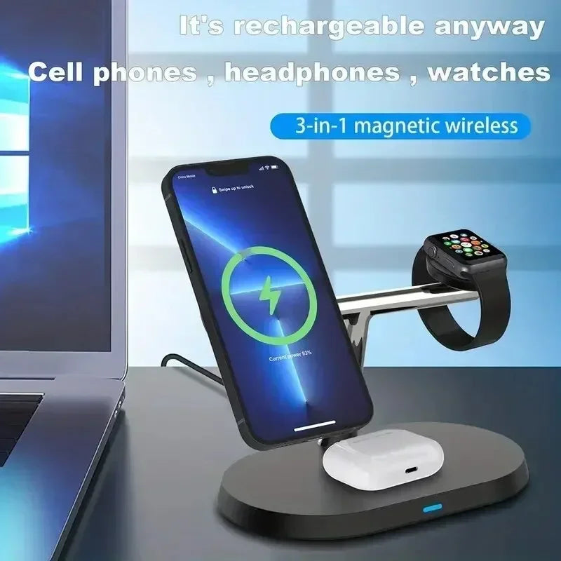 3 In 1 Magnetic Wireless Charger Stand for iPhone 15 14 13 12 Pro Max Apple Watch 1-9 AirPods Fast Charging Station Phone Holder Vue