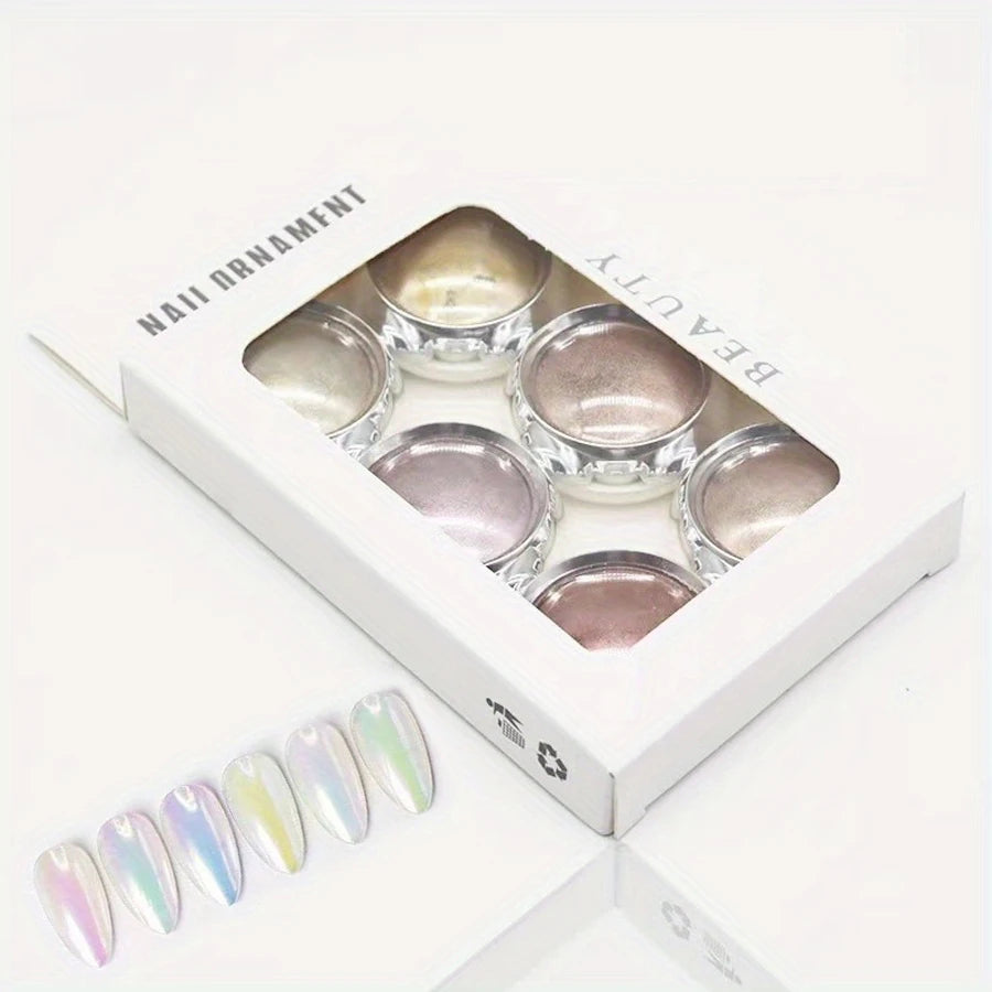1 Set White Chrome Powder Pearl Chrome Metal Mirror Effect Nail Art Creation Painting DIY 6 Colors Vue