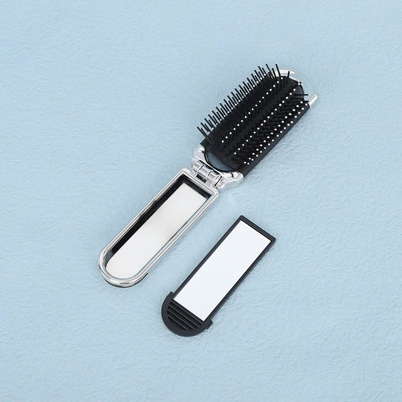 Portable Travel Mini Hair Brush Folding Massage Comb Head Massage Anti-Static Hair Brush Girl Hair Combs With Mirror Vue Silver