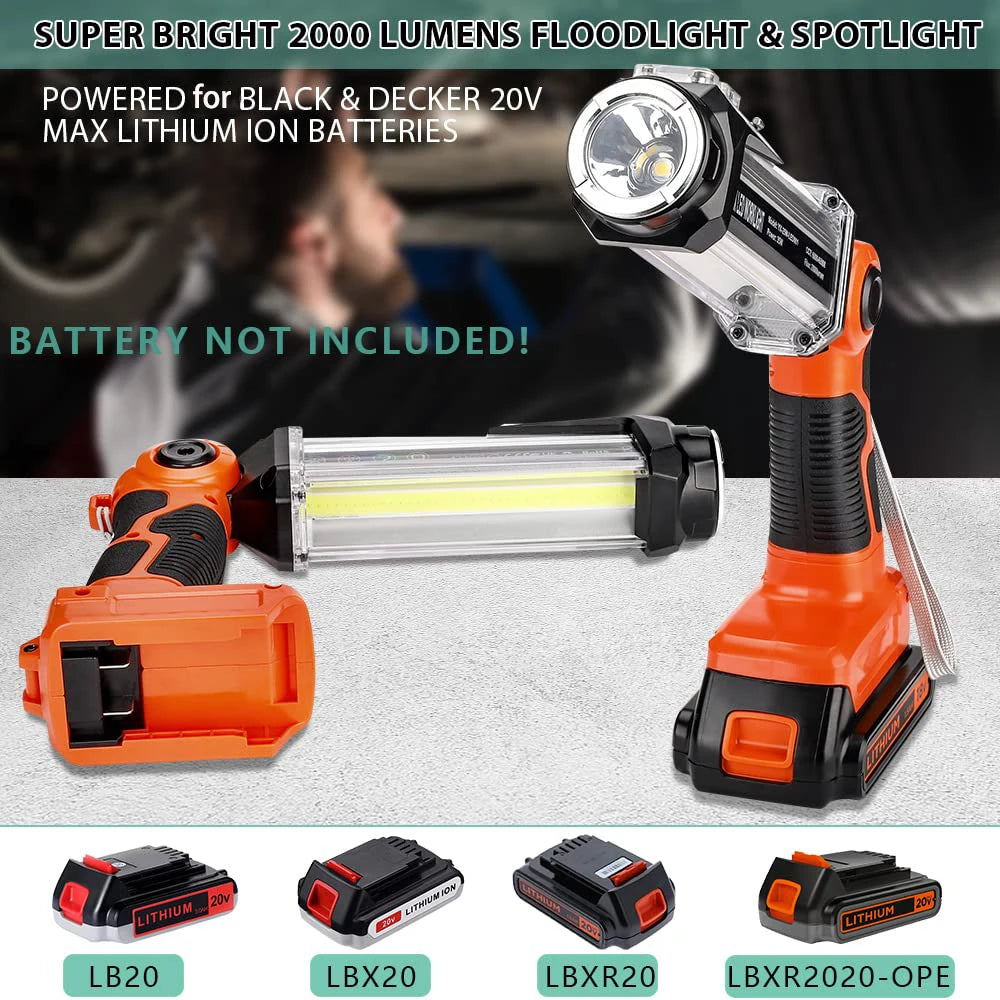 Rechargeable Battery LED Work Light Outdoor Flashlight Portable Camping Light for Black & Decker 20V Li-Ion Battery with Hook Vue