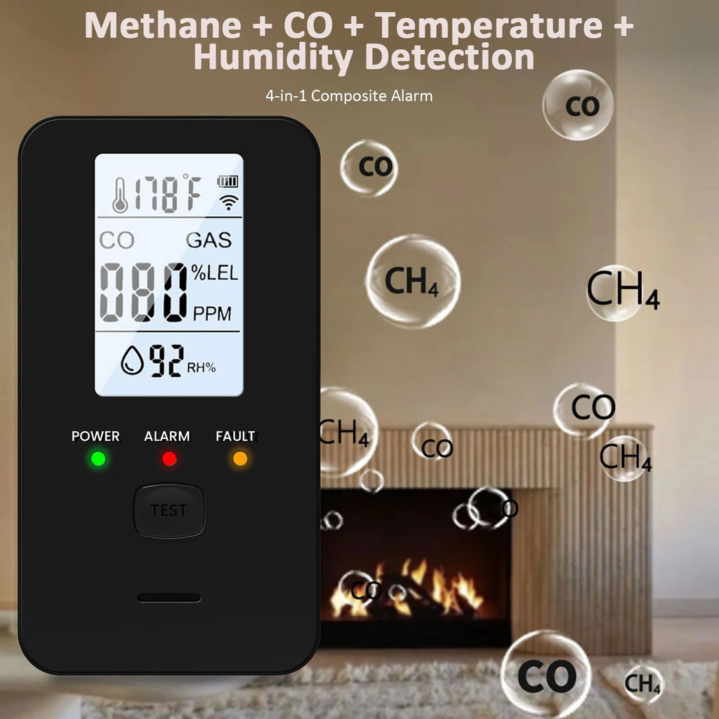 4-in-1 Gas & CO Detector with LCD, Temp & Humidity Display Gas & CO Detector Vue