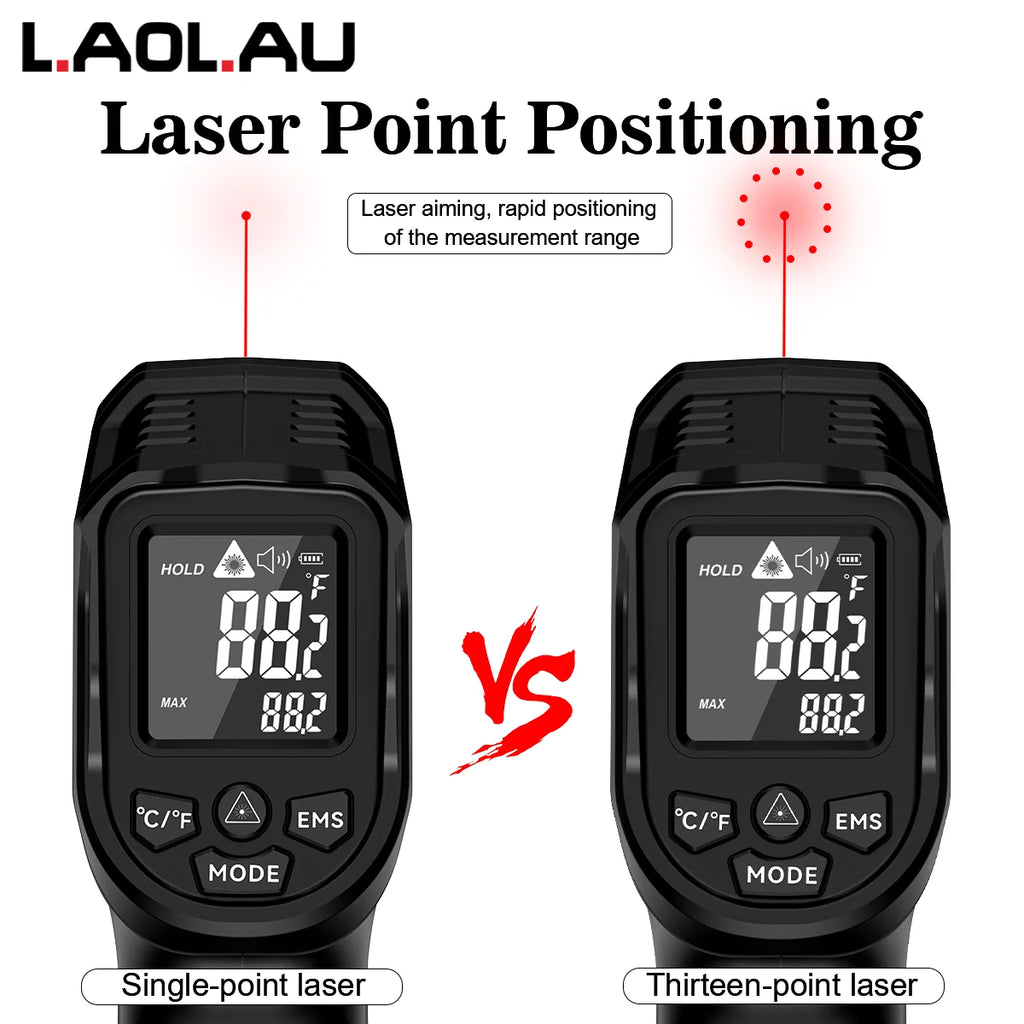 JD-10 Industrial IR Thermometer Gun -50°C~800°C Laser Temperature Gun High/Low Alarm Adjustable Emissivity for Home/Factory/BBQ Vue