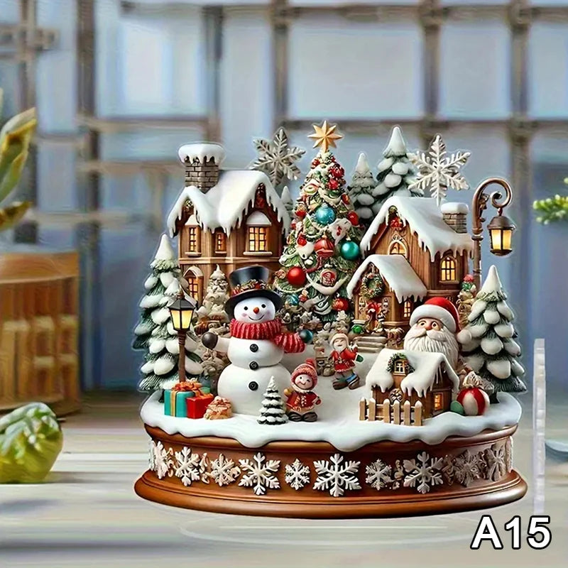 2D Flat Acrylic Christmas Desk Decor With Base Snowman House Rotating Carousel Design Indoor/Outdoor Home Office Decoration Vue A15