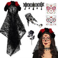 1-5Sets Halloween Lace Veil Headband with Rose Necklace and Bracelet Day of the Dead Costume Accessory for Party Favor Vue Veil 1Set