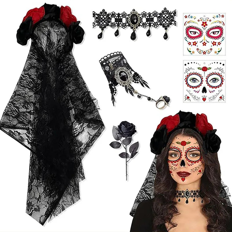 1-5Sets Halloween Lace Veil Headband with Rose Necklace and Bracelet Day of the Dead Costume Accessory for Party Favor Vue Veil 1Set