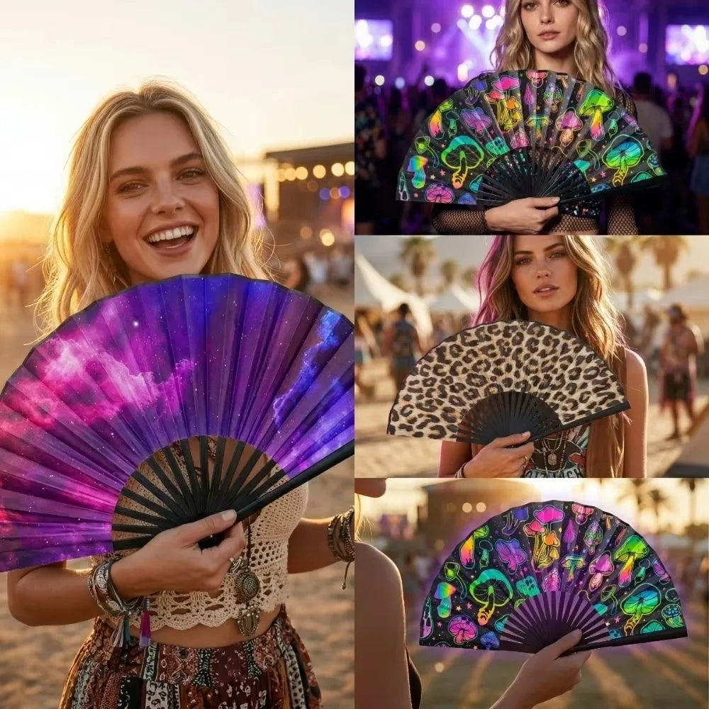 Fashion Gradient Colorful Folding Hand Fan Leopard Print Reflective
