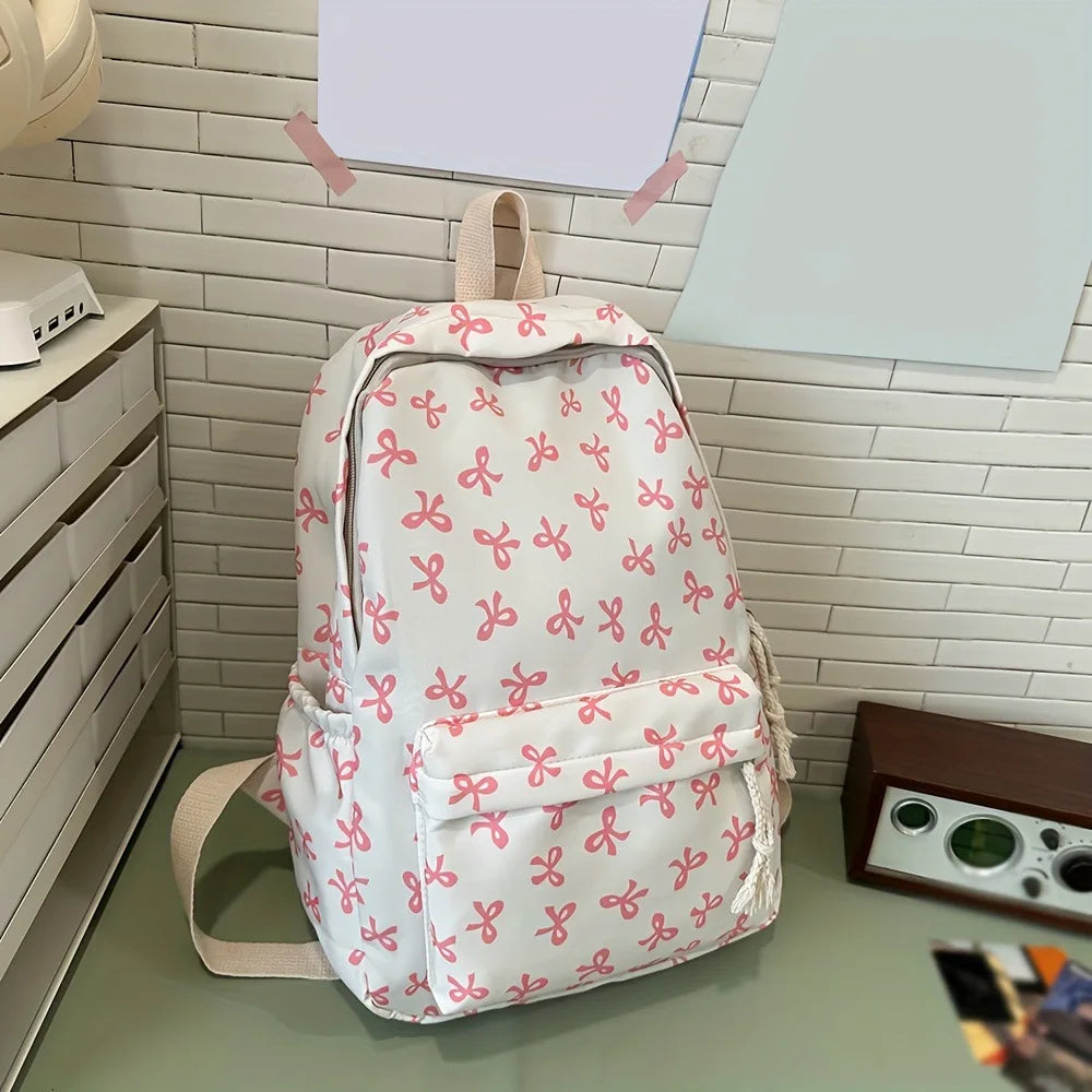 Cute Bowknot Rucksack for Teen Girls College School Travel Commute Casual Lightweight Stylish Sports Backpack Vue White-Pink