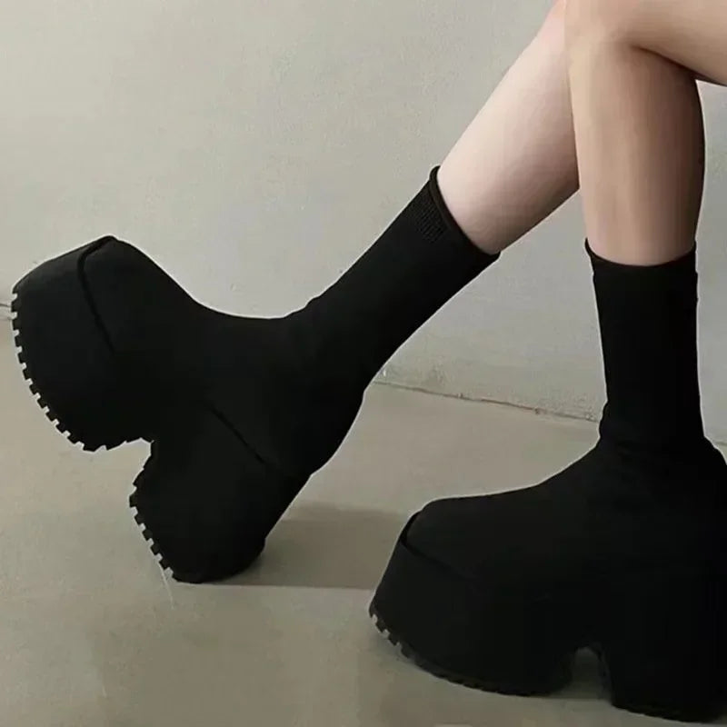 Women's Hidden Wedge Platform Sock Ankle Boots – 11CM Platform Wedge Boots Vue black 38 China Mainland