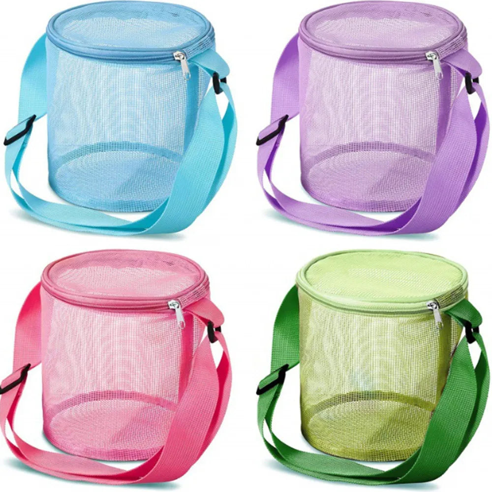 Children's mesh shell storage bag beach three-dimensional round sand bucket toy collection bag with Adjustable Carrying Straps Vue
