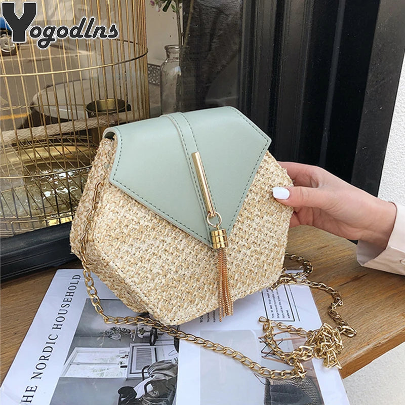 Hexagon Mulit Straw+leather Handbag Women Summer Rattan Bag Handmade