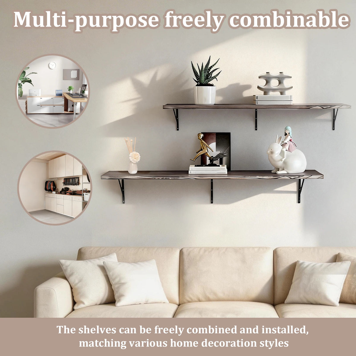 5-Tier Solid Wood Floating Shelves with Metal Brackets – 72 In Floating Wall Shelves Vue