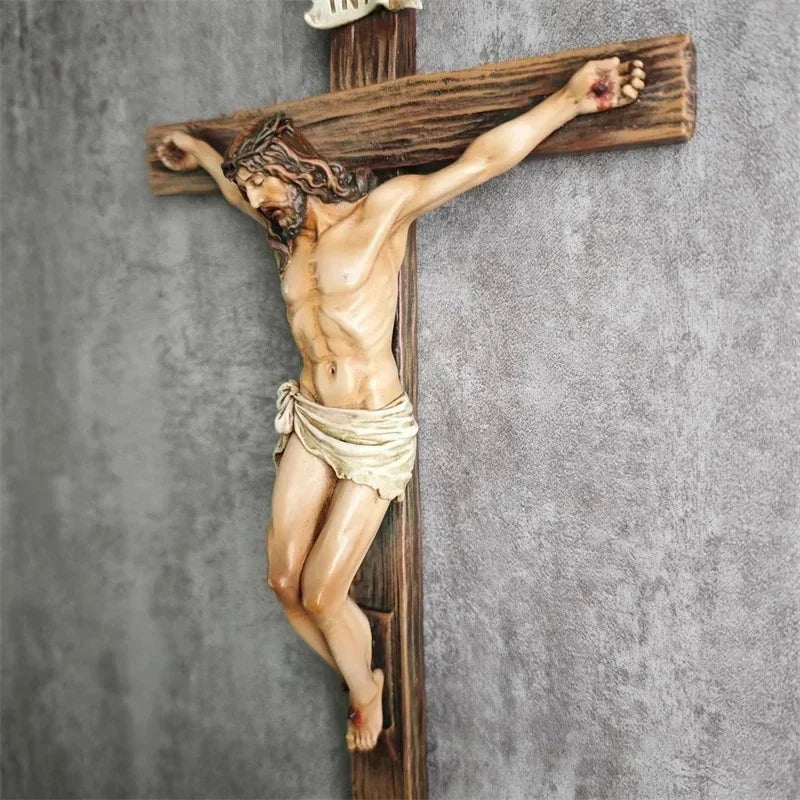 Retro Crucifix Resin Sculpture Jesus Cross Statue Religious Belief Figurine Home Chapel Bedroom Church Decor Christian Souvenir Vue