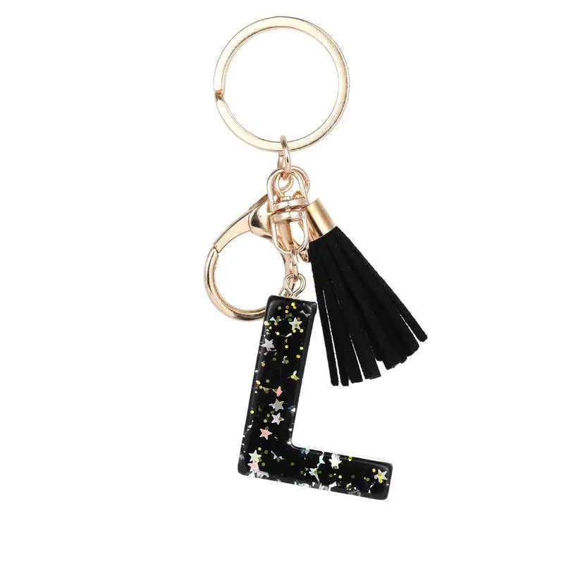 Black Glitter Star Sequins Resin 26 Letters Keychain Initials A-Z Keyring Tassel Charm Accessories Backpack Hanging Decoration Vue L
