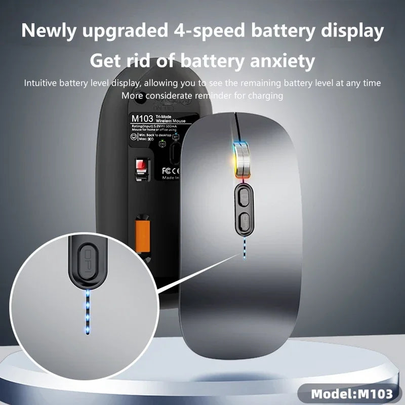 Lenovo Wireless Mouse Ultra-thin 3 Modes 2.4G USB and 2 Bluetooth Power Display Ergonomic Rechargeable Silent Mice for PC Laptop Vue