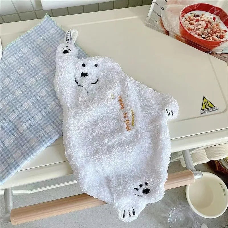 2pcs Polar Bear Hand Wiping Towel Super Absorbent Hanging Kitchen Towel Coral Design Thick Cartoon Hand Towel Vue