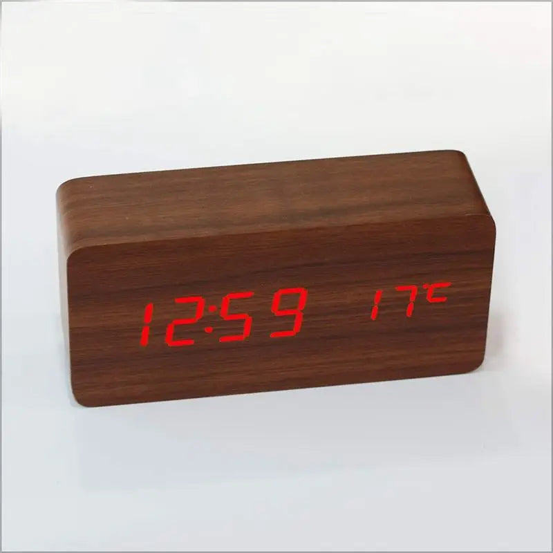 ABKW-Wooden Square Desk Clock LED Digital Display Alarm Clock Temperature Display Clock For Bedroom Decoration Clock Vue
