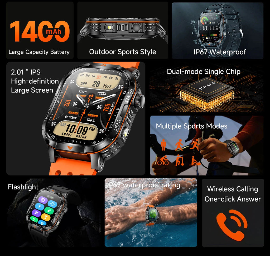 2026 New Men Sport Smart Watch 2.01" HD Screen Bluetooth Call 1400mAh Fitness Tracker Heart Rate/Sleep Monitor for Android IOS Vue
