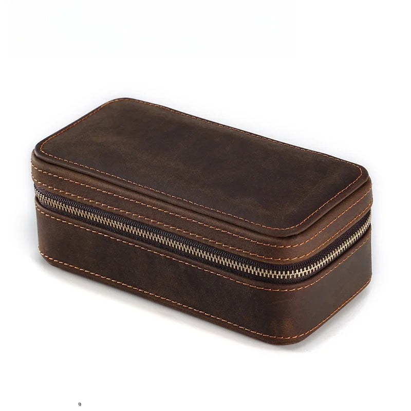 Retro Crazy Horse Leather Rectangle Watch Box Single Pack Travel Zipper Leather Premium Watch Storage Box Vue dark brown