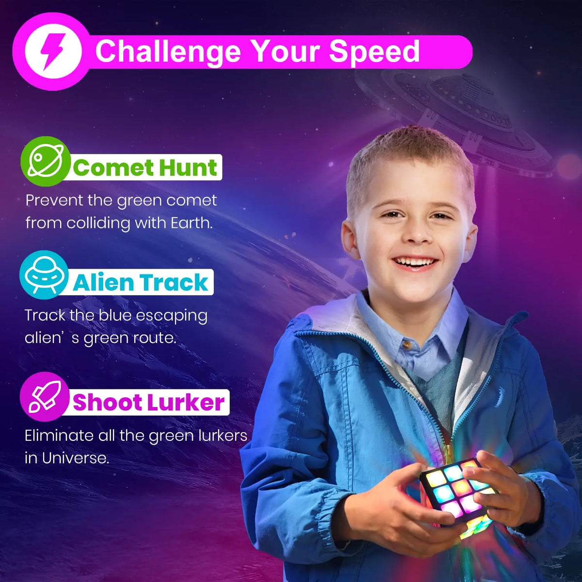 Rechargeable Handheld Cube with Games - 15 Fun Brain & Memory Games with Score Screen for Kids Teens - Gifts for Boys Girls Vue