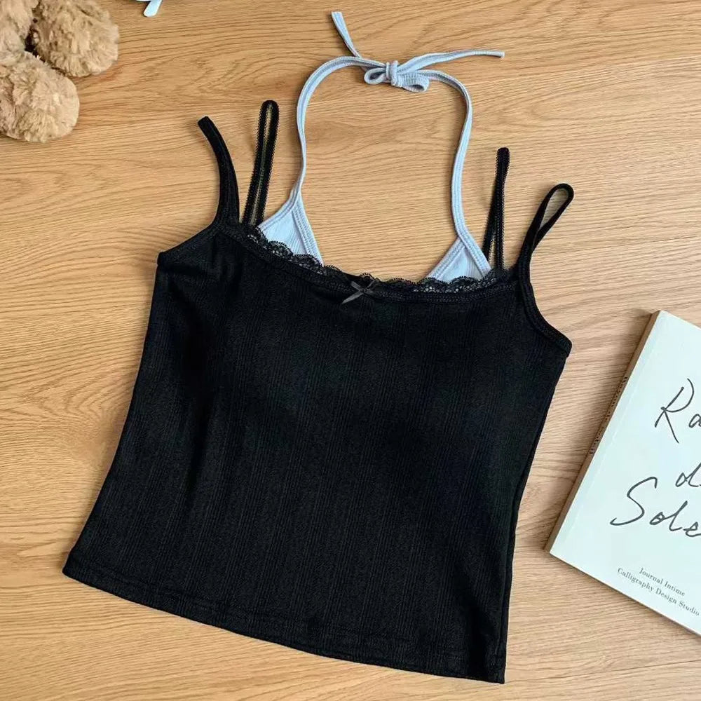 Sweet Sleeveless Lace Trim Camisole Slim Padded Cups Tie Back Vue Black One Size