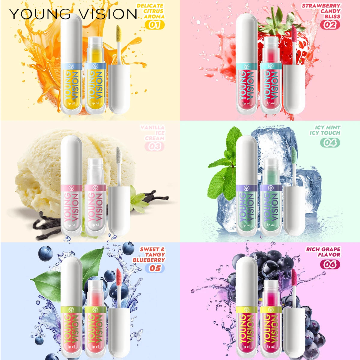 YOUNG VISION 6-Color Refreshing Fruit Flavored Moisturizing Lip Oil Set Colorful, Hydrating, and Moisturizing Lip Gloss Vue