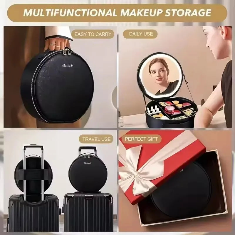 Travel PU Makeup Bag With Led Mirror Portable Cosmetic Case With Mirror And Light Travel Rechargeable Makeup Bag With Led Light Vue