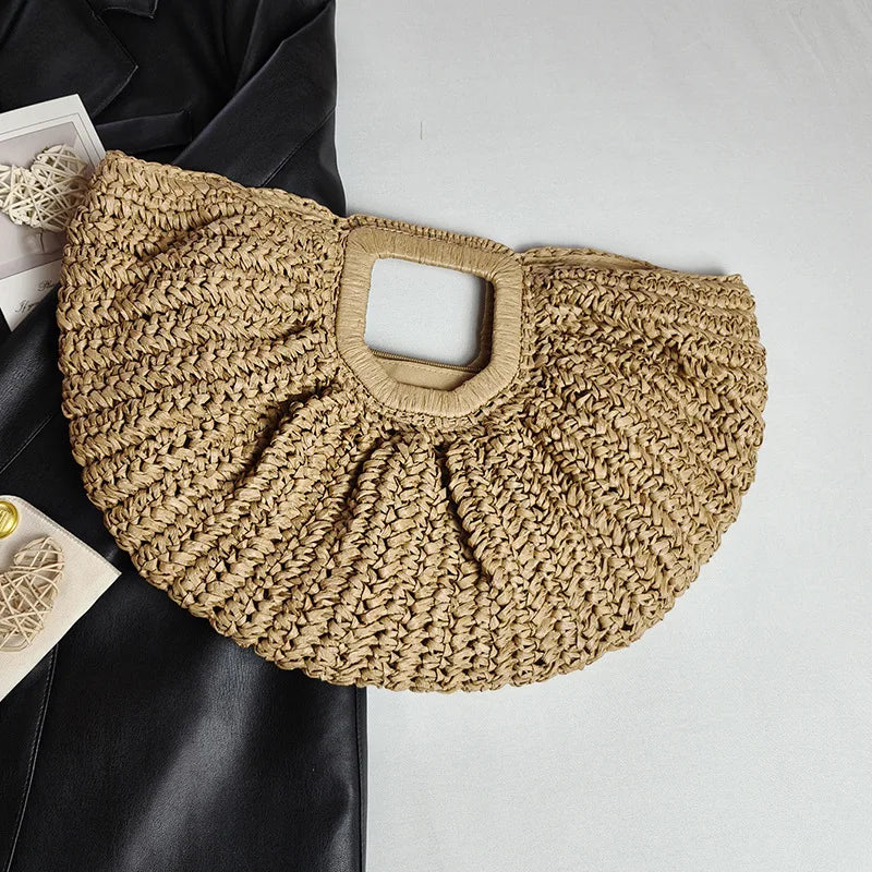 Summer Woven Straw Bag Moon Large Capacity Purse Handbag Women Beach