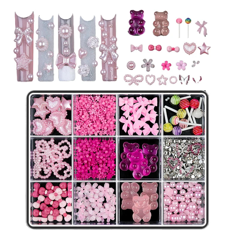 12/15 Grids/Box 3D Nail Art Decoration Kit With Resin Bowknot Pearls Heart & Assorted Shapes Kawaii Nail Charms DIY Manicure Art Vue