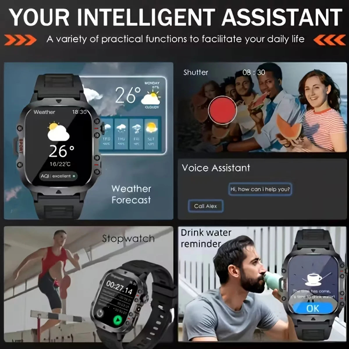 New Military Strong Sport Smartwatch Men Bluetooth Call Health Monitor Sports Watch Waterproof Fitness Tracker Gifts for Women Vue