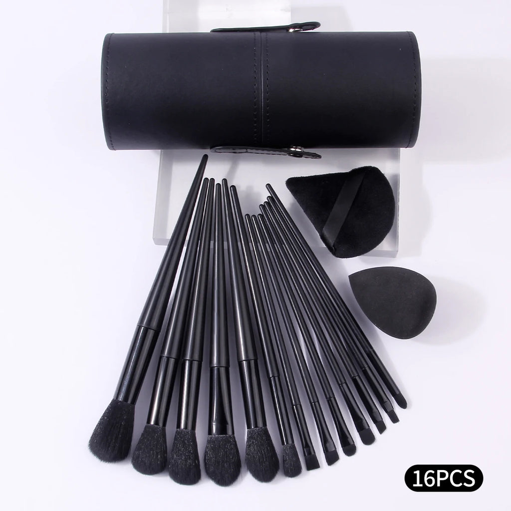 16Pcs Black Makeup Brush Kit with Storage Holder & Powder Puffs, Soft Fluffy Brushes Premium Black Synthetic Brushes for Full F Vue