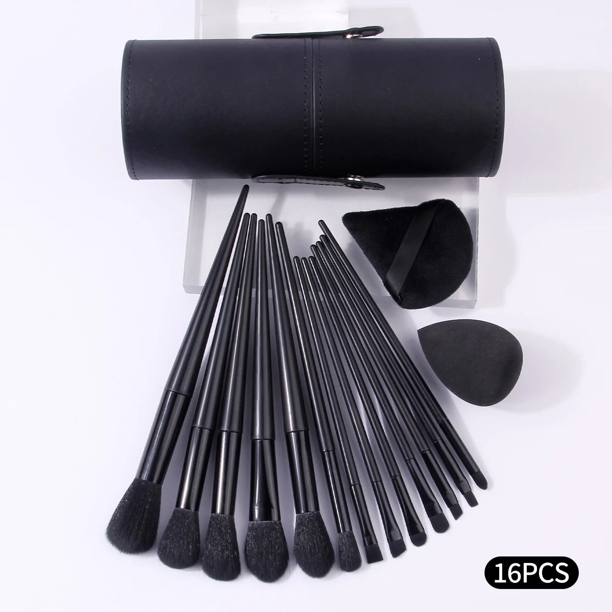16Pcs Black Makeup Brush Kit with Storage Holder & Powder Puffs, Soft Fluffy Brushes Premium Black Synthetic Brushes for Full F Vue