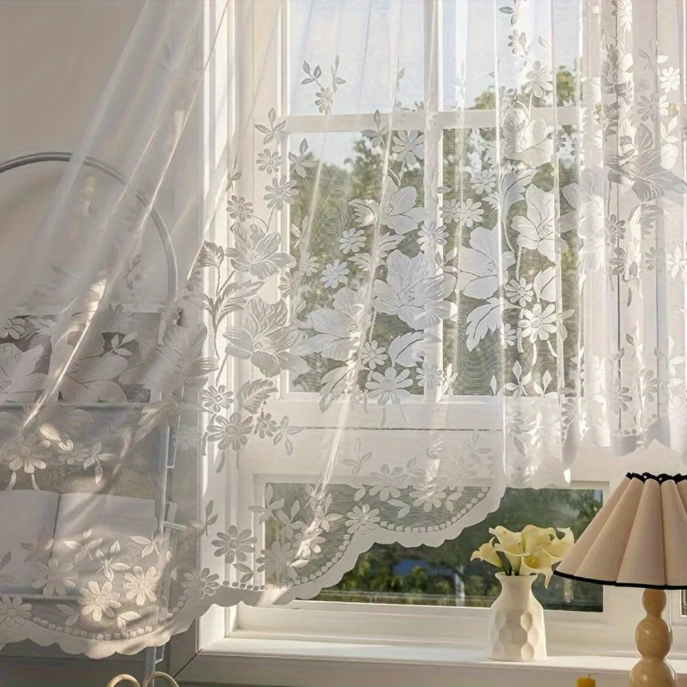 Flower Pattern French Lace Jacquard Curtain Translucent Through-rod Design Kitchen Partition Tulle No Drilling Required Vue
