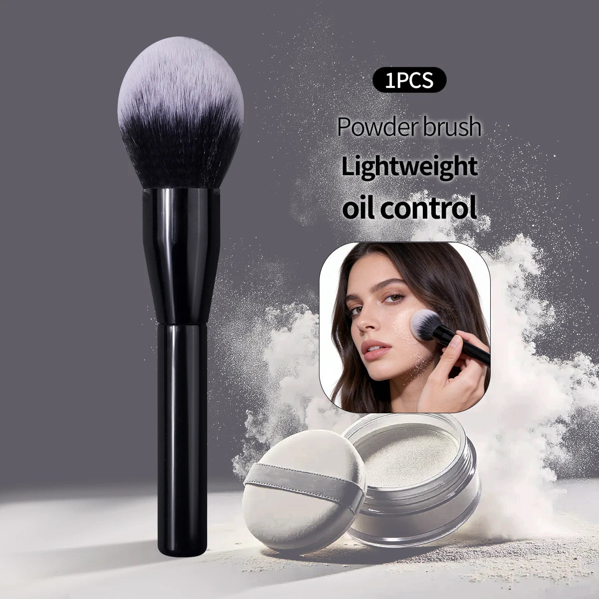 1PC Extra Large Flame Loose Powder Brush, Black Wooden Handle Blush Brush, Large Size Single Makeup Brush Premium Cosmetic Brush Vue 1PCS