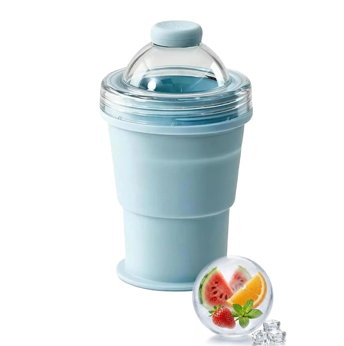 2-in-1 Collapsible Silicone Ice Ball Cup Reusable Portable Ice Sphere Mold with Straw Lid for Coffee Juice Drinks Vue Blue