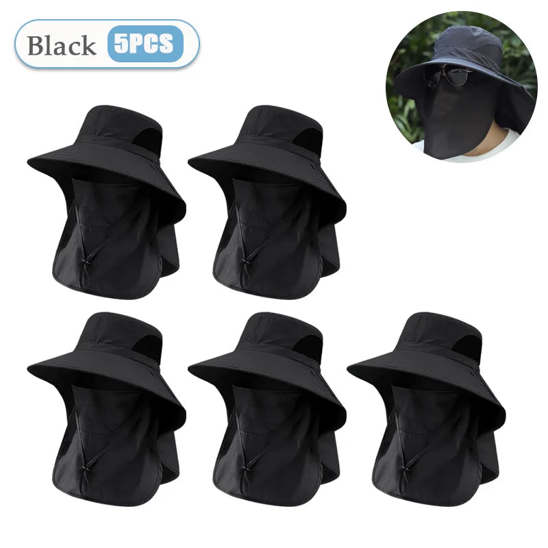 Sun Hat Summer Men Hats Outdoor Sun Protection Detachable with Large Brim Hiking Mask Fishing Outdoor Detachable Sun Beach Hat Vue Black-5PCS