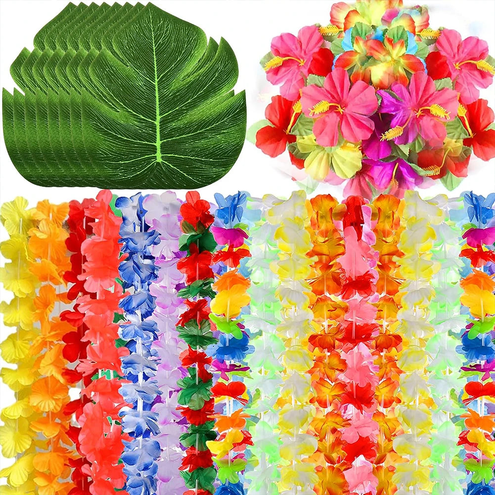 70 Pcs Hawaiian Luau Leis Decorations Supplies 30 Tropical Leaves 30 Hibiscus Flower 10 Necklace Tropical Luau Party Decoration Vue